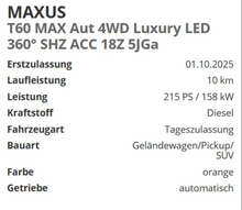 MAXUS T60 Max Luxury Pickup / SUV - Neufahrzeug 360° 215 PS - Orange