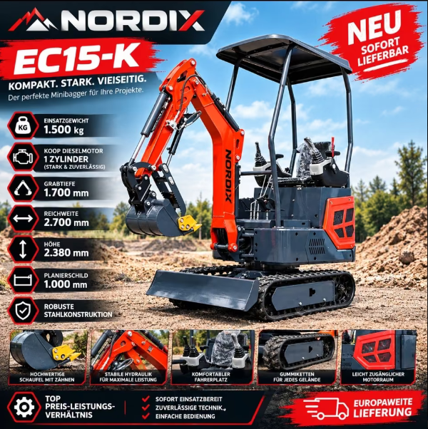 Minibagger, Nordix EC 15-K NEU / 1,5 to mit 1 Zylinder Diesel Motor / inkl. Löffel und Greifdaumen / Joysticksteuerung